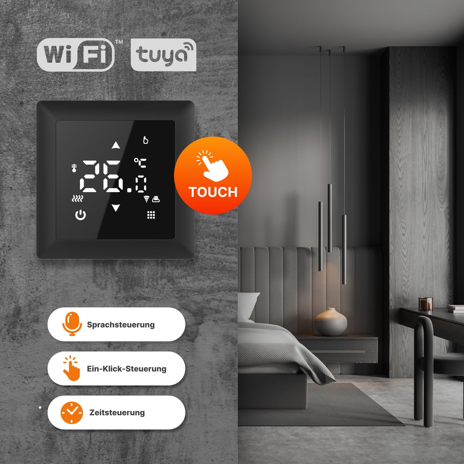 Elektryczne ogrzewanie podłogowe do płytek: dwużyłowa mata grzewcza WARMON CLASSIC 150 W/m² z termostatem TS 100 seria Smart WiFi Touch, termostat: TS100 WiFi, czarny, rozmiar maty: 8 m²