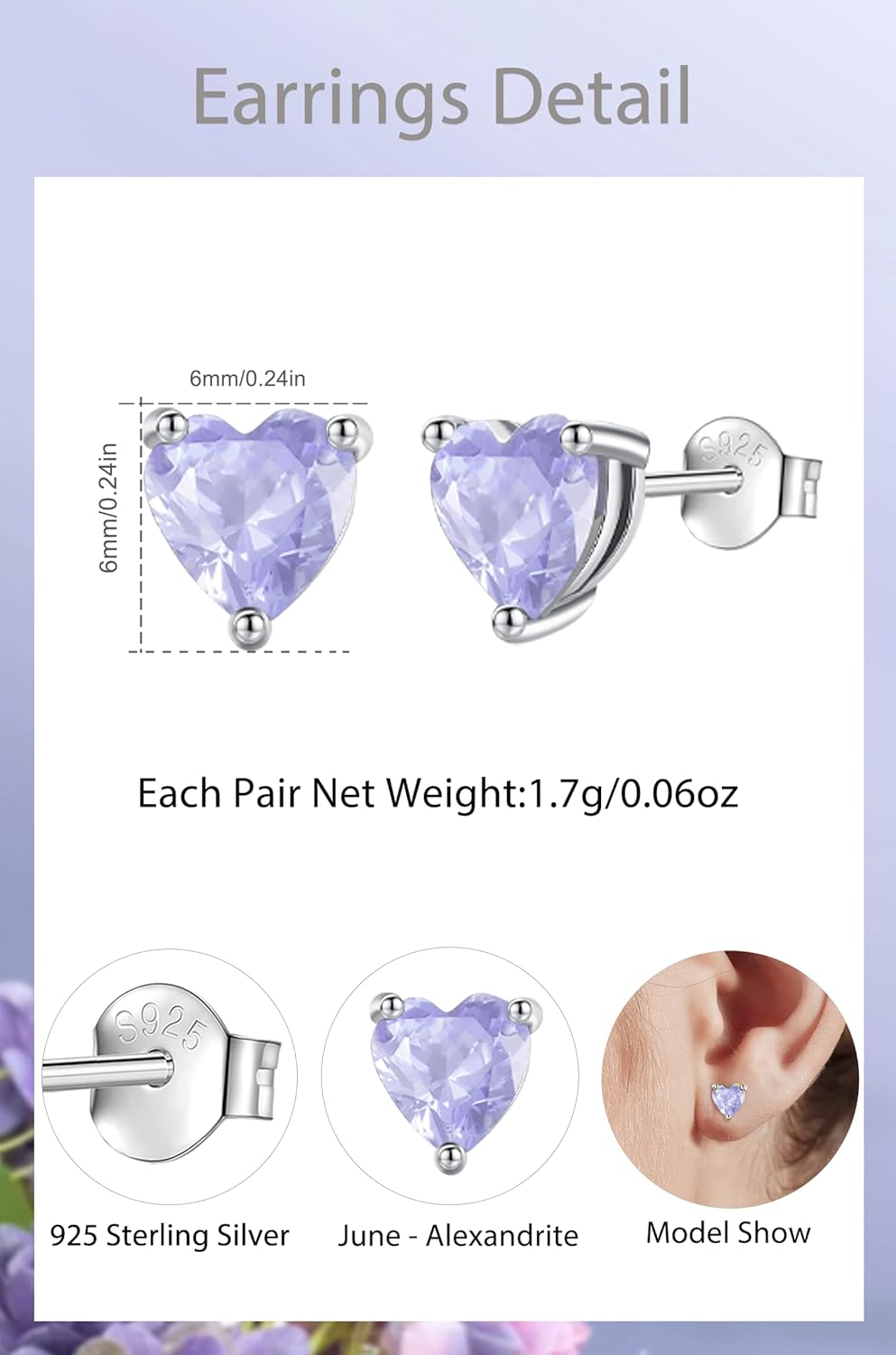 Vito Valentine's Day Earrings Gift, 925 Sterling Silver Birthstone Stud Earrings for Women, Heart Cubic Zirconia Hypoallergenic Ear Studs Jewelry Birthday Gift for Mom Wife Daughter Grandma - Image 3