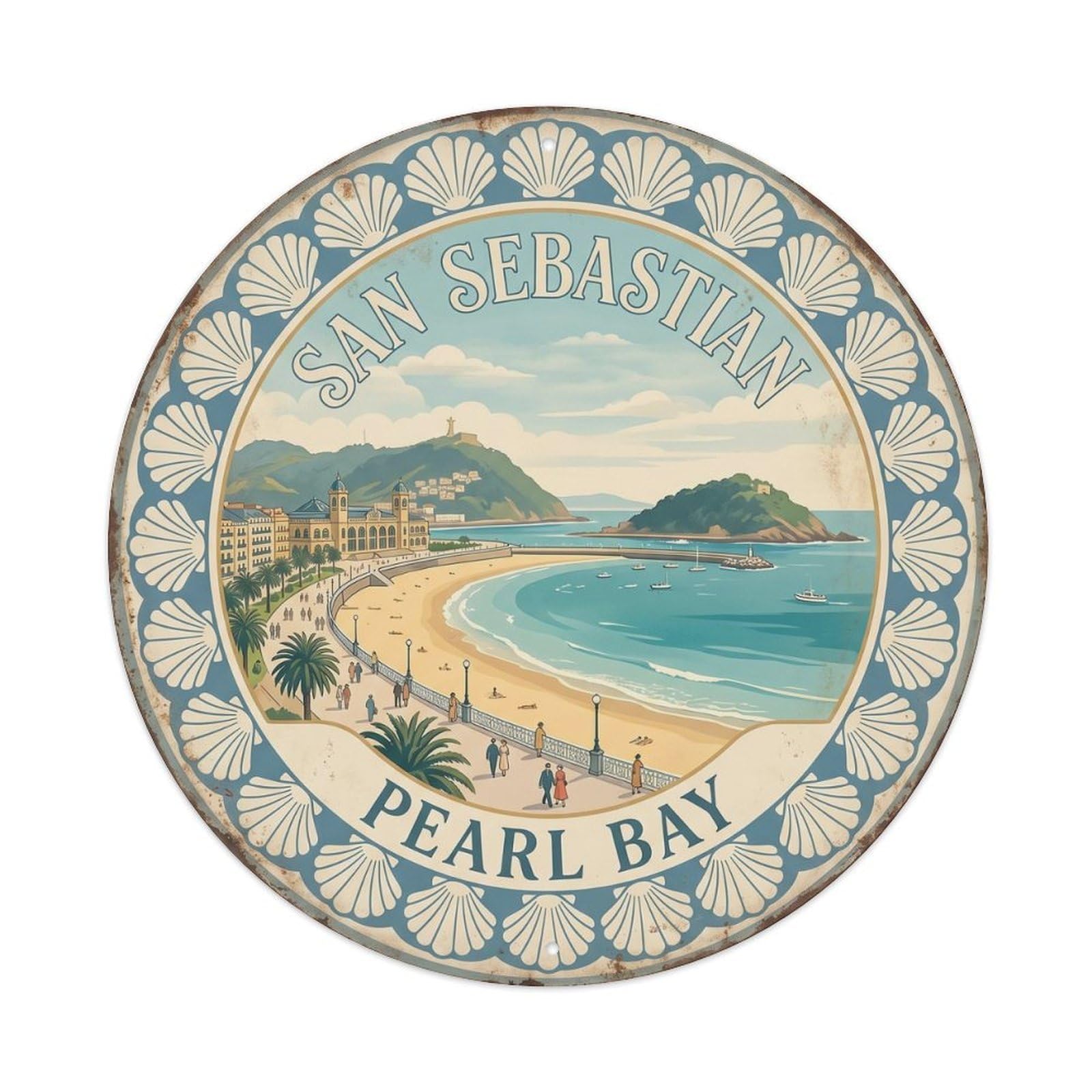 Cmhok Vintage Style Vintage Travel Concha Beach Sebastian Bay Metal Tin Sign Plaque Wall Decor For Cafe, Club, Garden Round Metal Poster 8X8inch