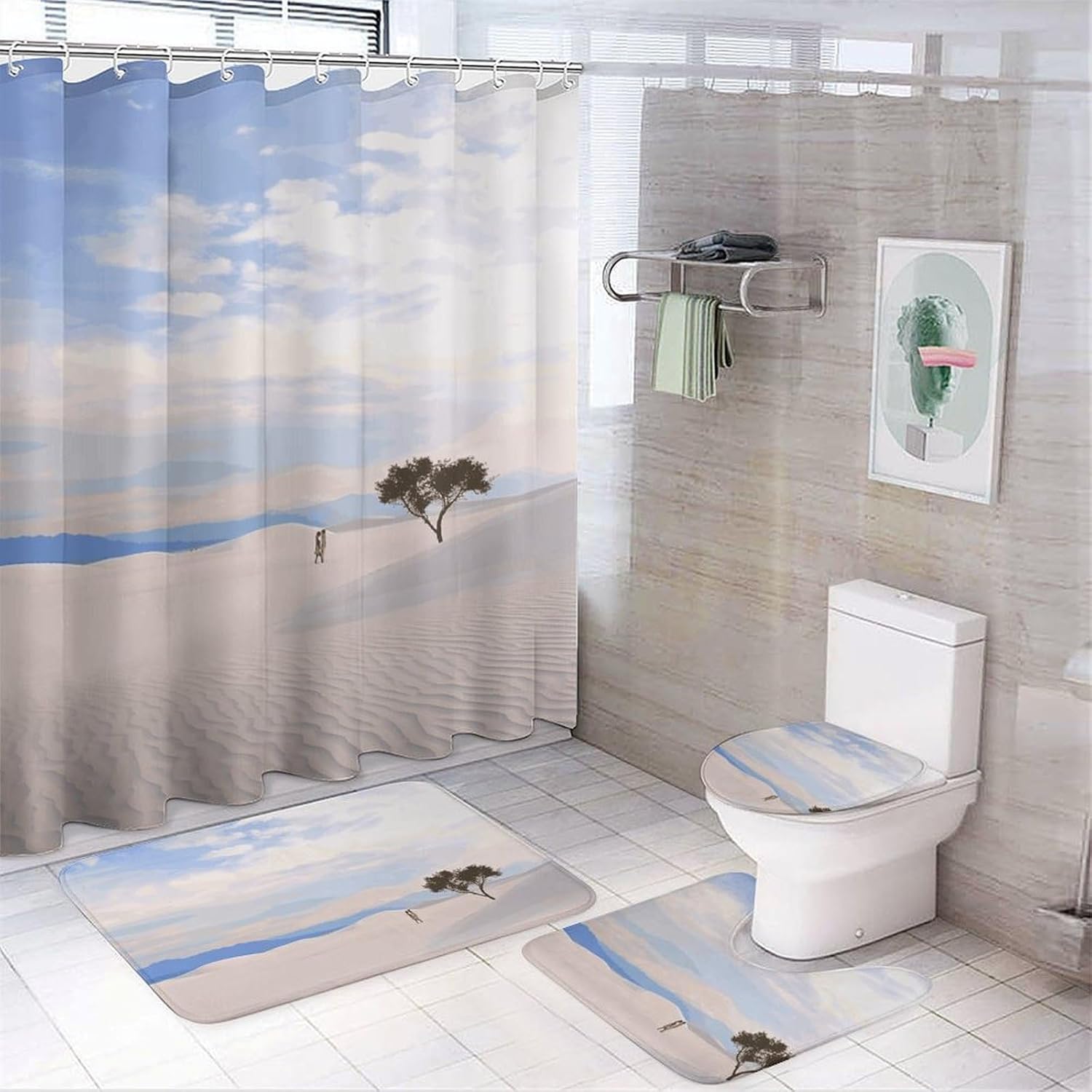 4 Piece Bathroom Rug Set with Shower Curtain, Non-Slip Bath Mat Toilet Cover Set, Romantic Sand Landscape Bathroom Rug Sets