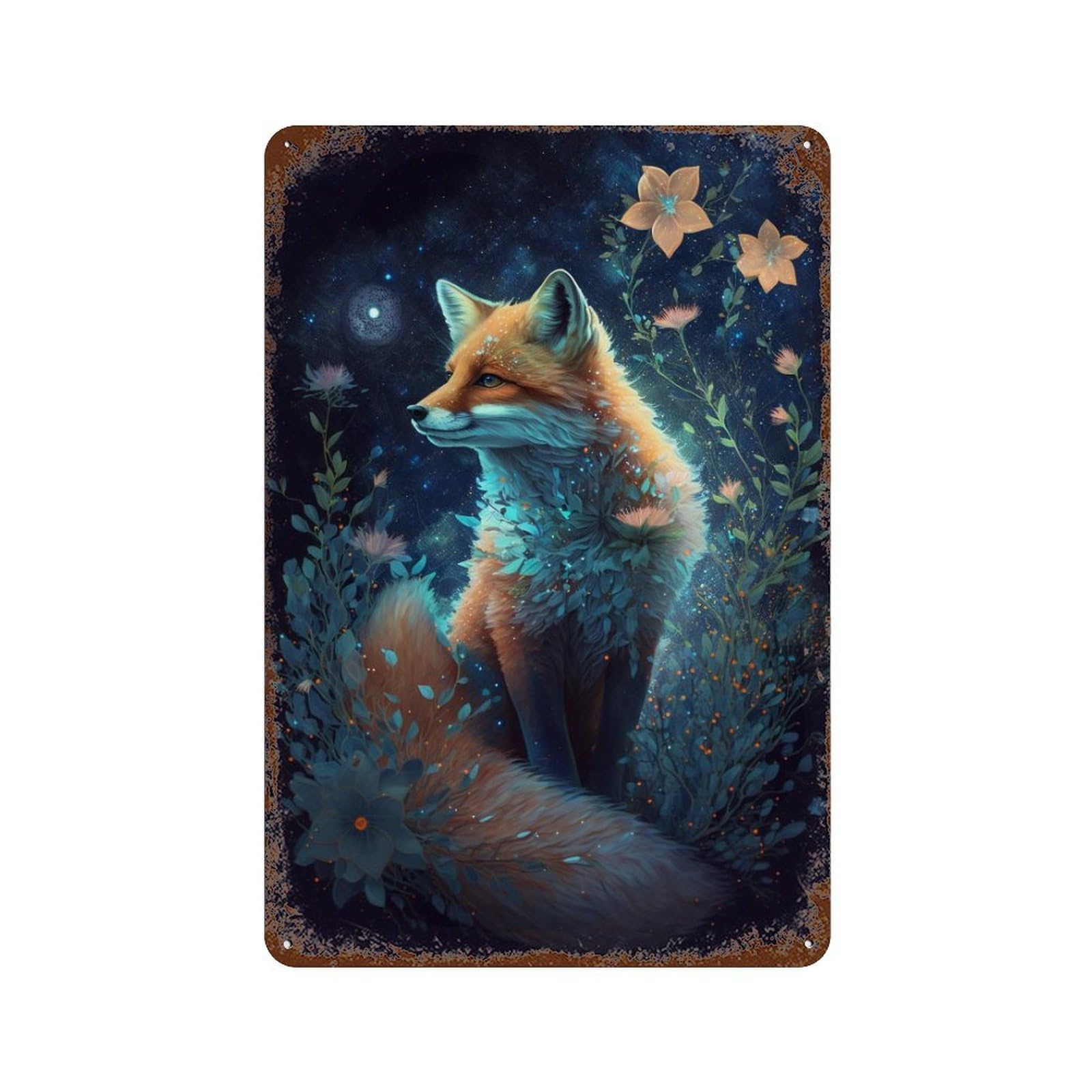 Magical Fox with Flowers Retro Metal Sign 11.8"x7.9", Vintage Wall Decor for Bistro, Counter And Cafe Decor