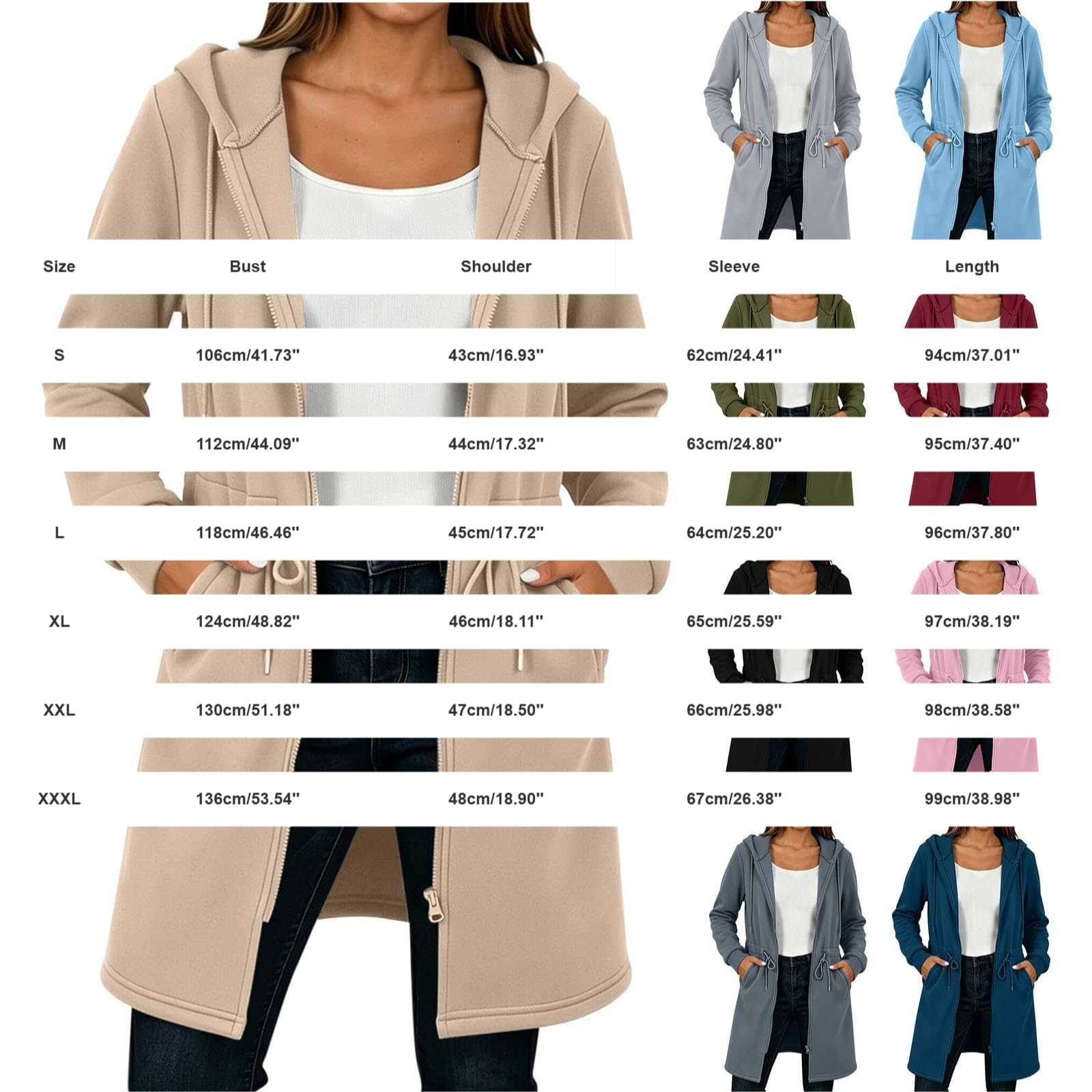 Felpa con cappuccio da donna, con cappuccio da donna, stile trench cappotto, a maniche lunghe, giacca lunga con tasche, tinta unita, coulisse regolabile, alla moda, casual, autunno e inverno