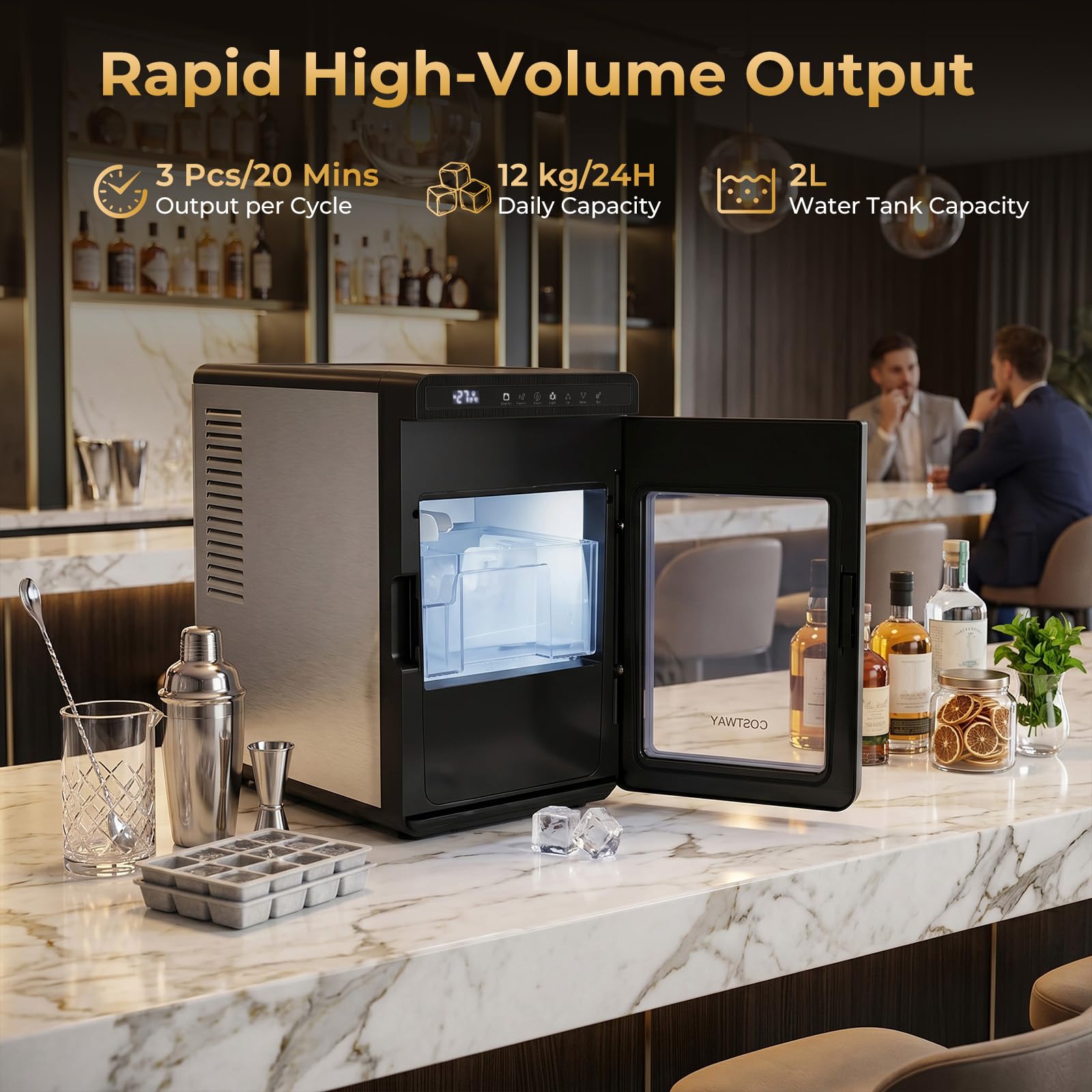 COSTWAY Máquina de Hielo de Sobremesa, 9,7 kg/Día, 3 Cubitos en 20 Minutos | Cubos Extragrandes 4 cm, Maquina de Hacer Hielo, Fusión Lenta y Autolimpieza, Grosor Ajustable para Whisky Cócteles Bourbon