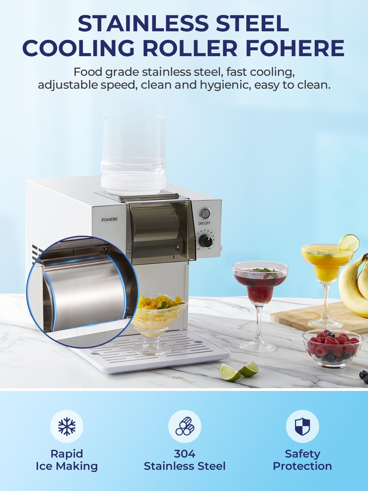 FOHERE Gewerbliche Schnee-Eismaschine 75kg/24h - Edelstahl Bingsu Maschine mit Selbstreinigungsfunktion & Kompressor - Profi Snowflake Ice Maker für Café, Milchtee-Bar & Gastronomie