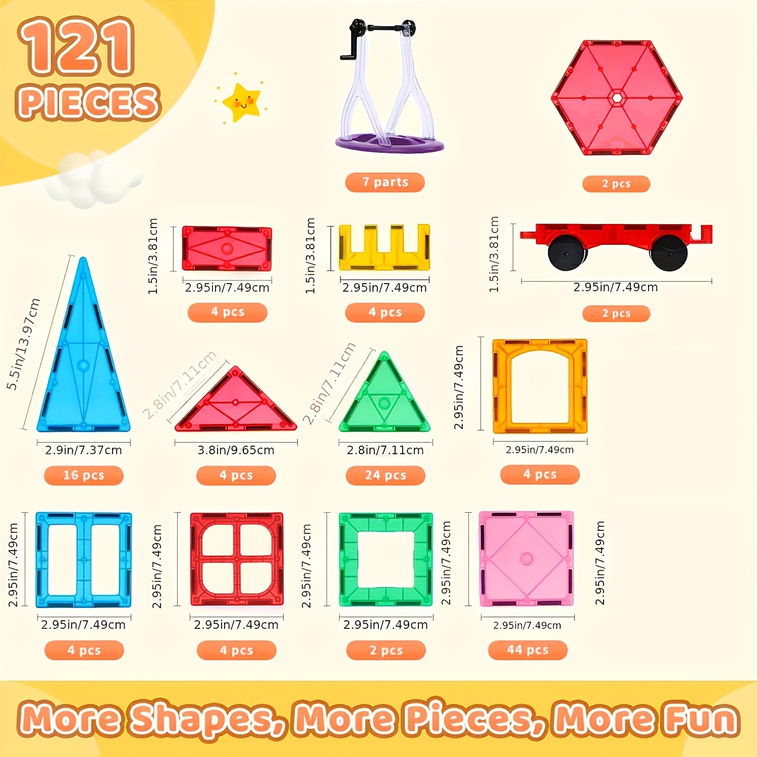 Katiago Magnetische Bausteine, 121 Teile Magnet Bausteine Spielzeug Kinder 3D Farbenfrohe Starterset Magnetische Bauklötze mit 1 Auto für Kinder ab 3 4 5 6 Jahre Geburtstag Geschenk