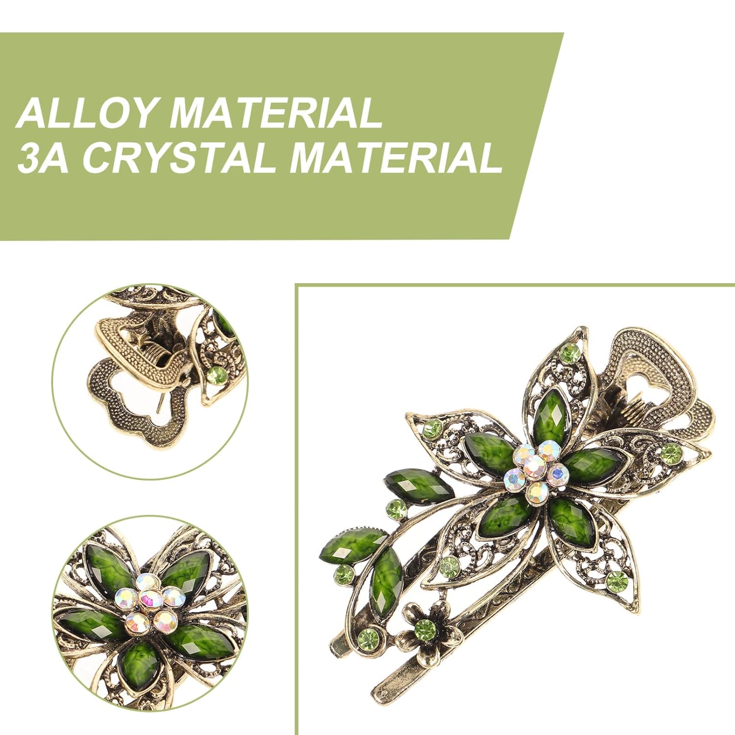Uonlytech Hair Clip, Green Flower Crystal Hair Clip, Sparkly Glitter Rhinestones Hair Clips French Elegant Hair Barrettes Hair Jewelry for Women Girls - Image 6