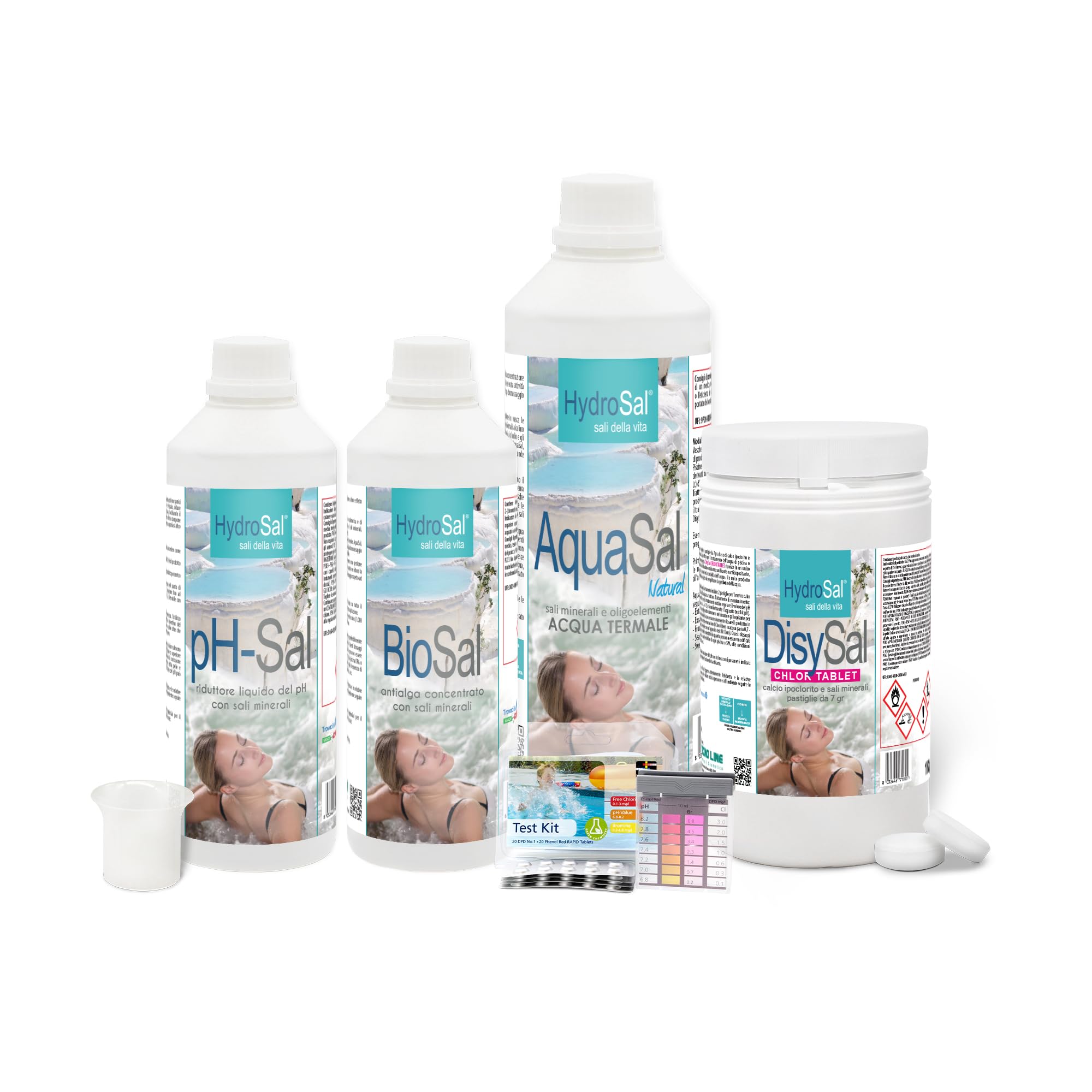 KIT SPA CHLOR Set di prodotti per Piscina e Spa Idromassaggio, 5KG | Rigida o Gonfiabile di Tutte le Marche, Trattamento Acqua a Base di Calcio Ipoclorito in past. 7 gr, con Acqua Termale