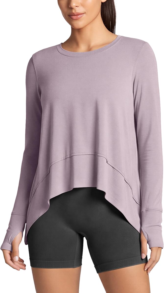 Camiseta de manga larga suave modal para mujer con agujero para el pulgar, camisetas deportivas para gimnasio, camisetas de yoga