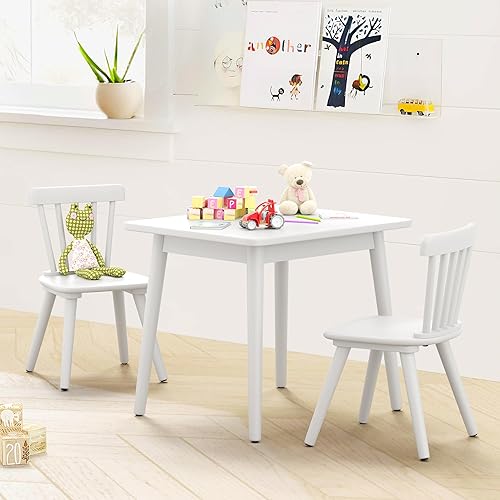 Miniatura 2 de Curipeer Windsor Kids Table and 2 Chair Set, Rubberwood Toddler Table and Chair Set for Art, Play, Craft, Activity, with Non-Slip Legs Round Edge