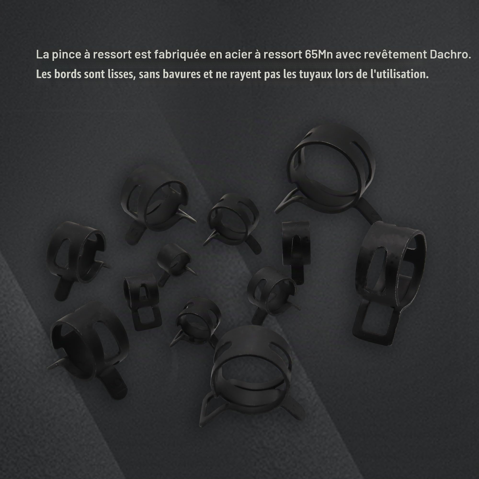 DIYoung 120 Pièces Colliers de Serrage à Ressort 7-22 mm, Noir Clips à Ressort avec Pince, pour Tuyaux et Conducteurs de Carburant (12 Tailles + Pince)