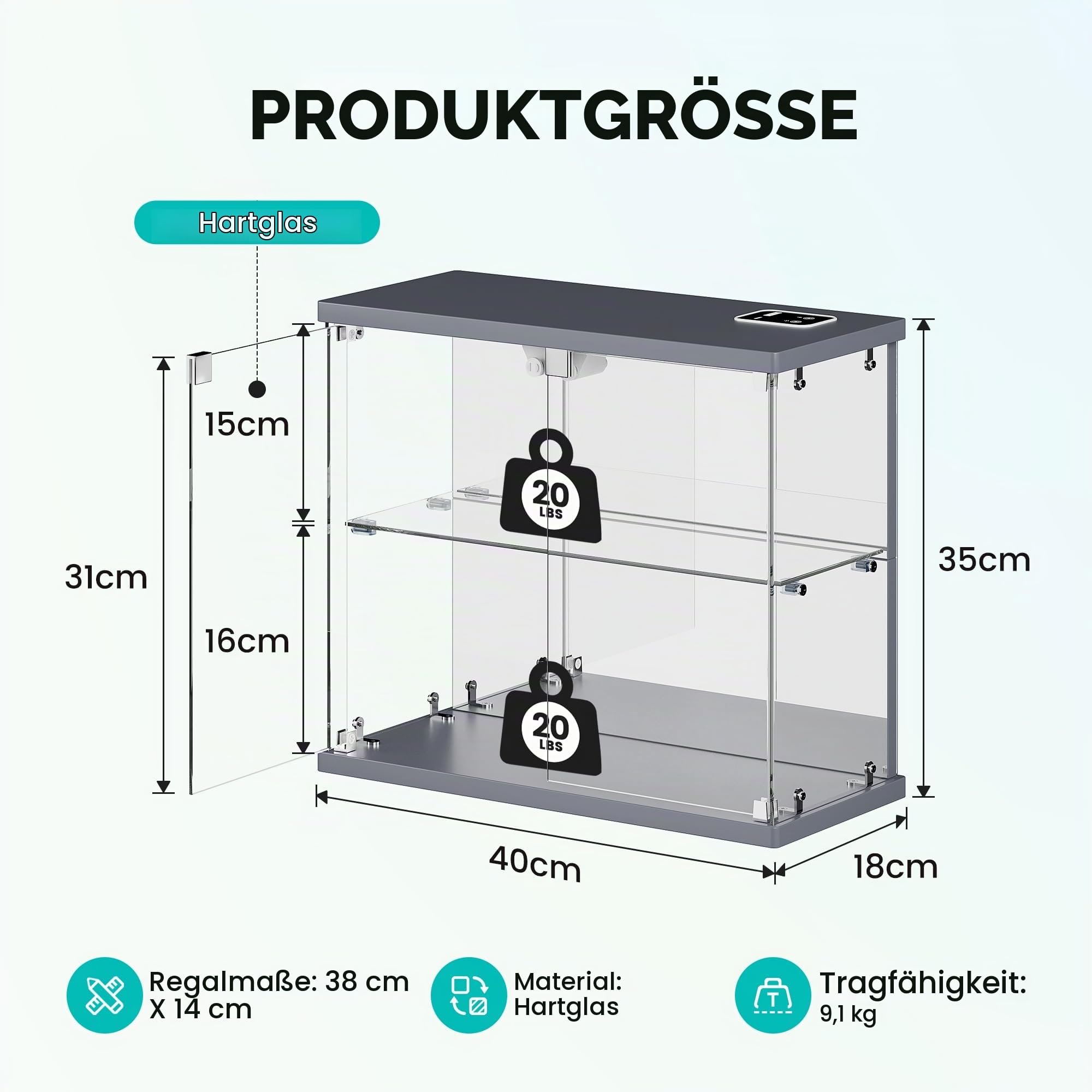 FREDEES Glasvitrine Stehend mit LED Beleuchtung - Kleine Zweistöckige Vitrinenschrank mit Ladestation, Vitrine mit Human-Sensor-Beleuchtung, für Figuren/Sammlerstücke/Spielzeug, Grau
