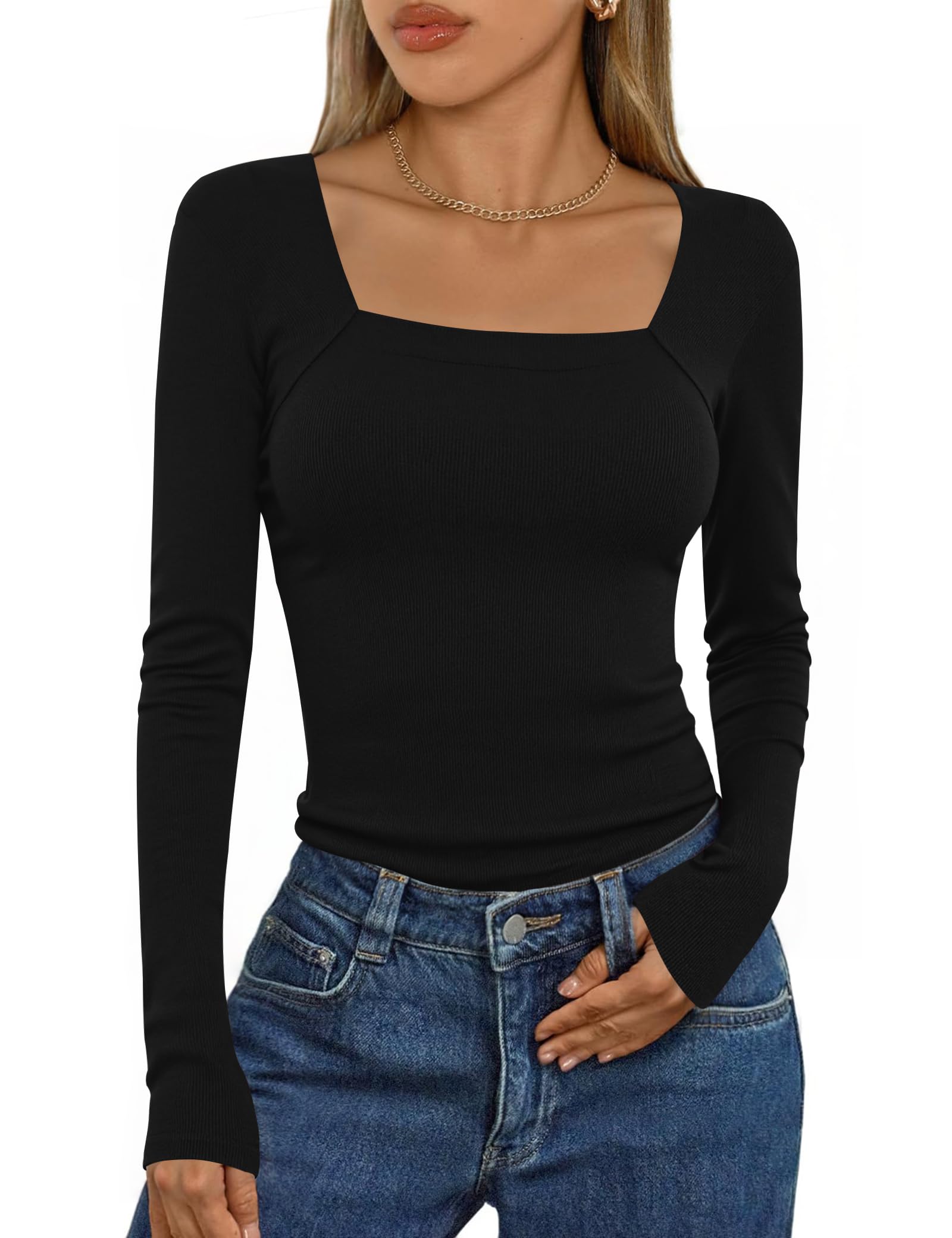Aottori Langarmshirt Damen Eckiger Ausschnitt Slim Fit Gerippt | Gerippte Oberfläche; passt zu Jeans, Röcken oder Stoffhosen; Slim-Fit-Passform; solo oder unter Blazer, Cardigan und Jacke