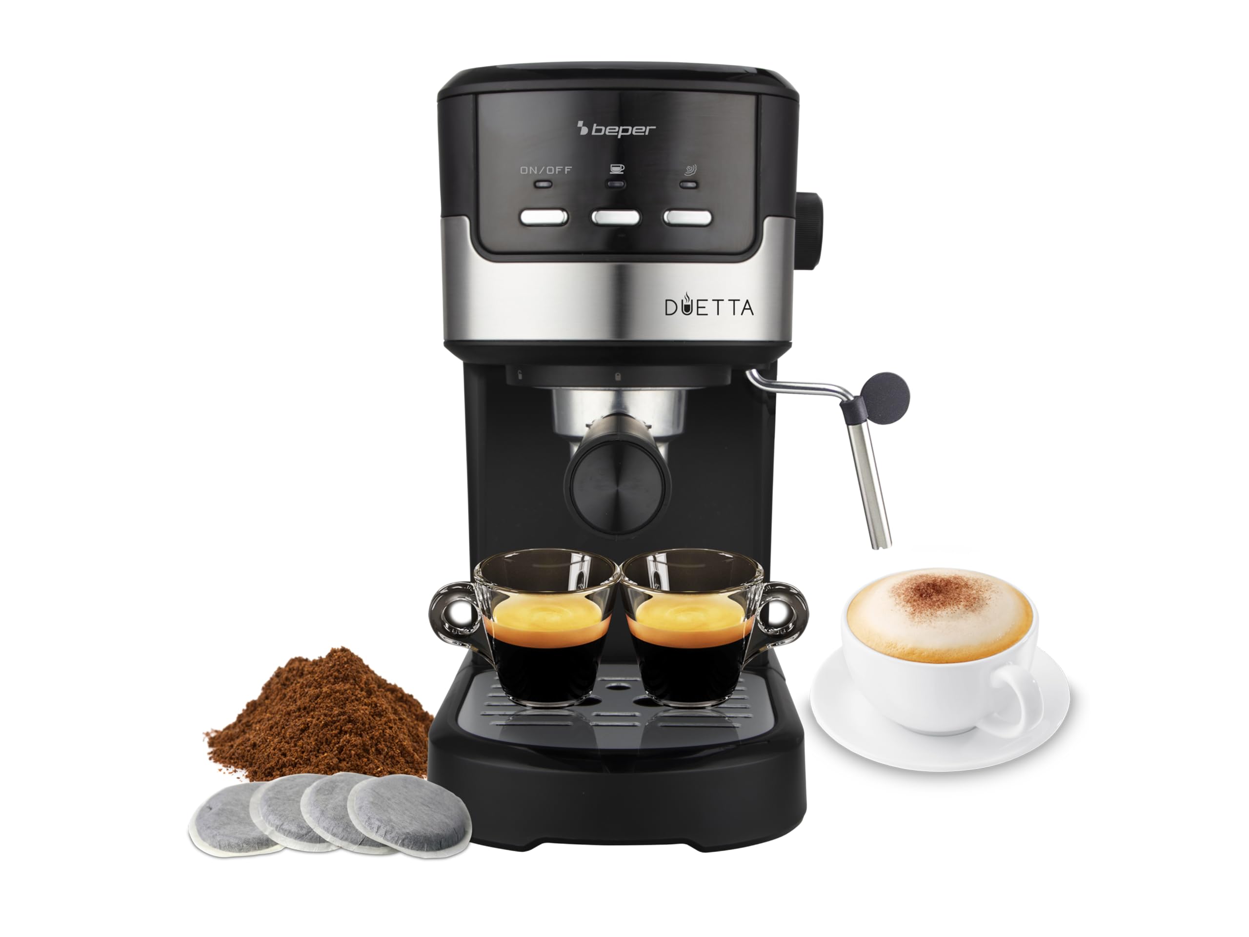 BEPER P101CAF100 Macchina caffè espresso Duetta, 1100W, Adatto a cialde e caffè in polvere, Macchinetta caffè con braccio a doppia uscita, 15bar, Piano scalda tazze, misurino e pressino inclusi, Nero