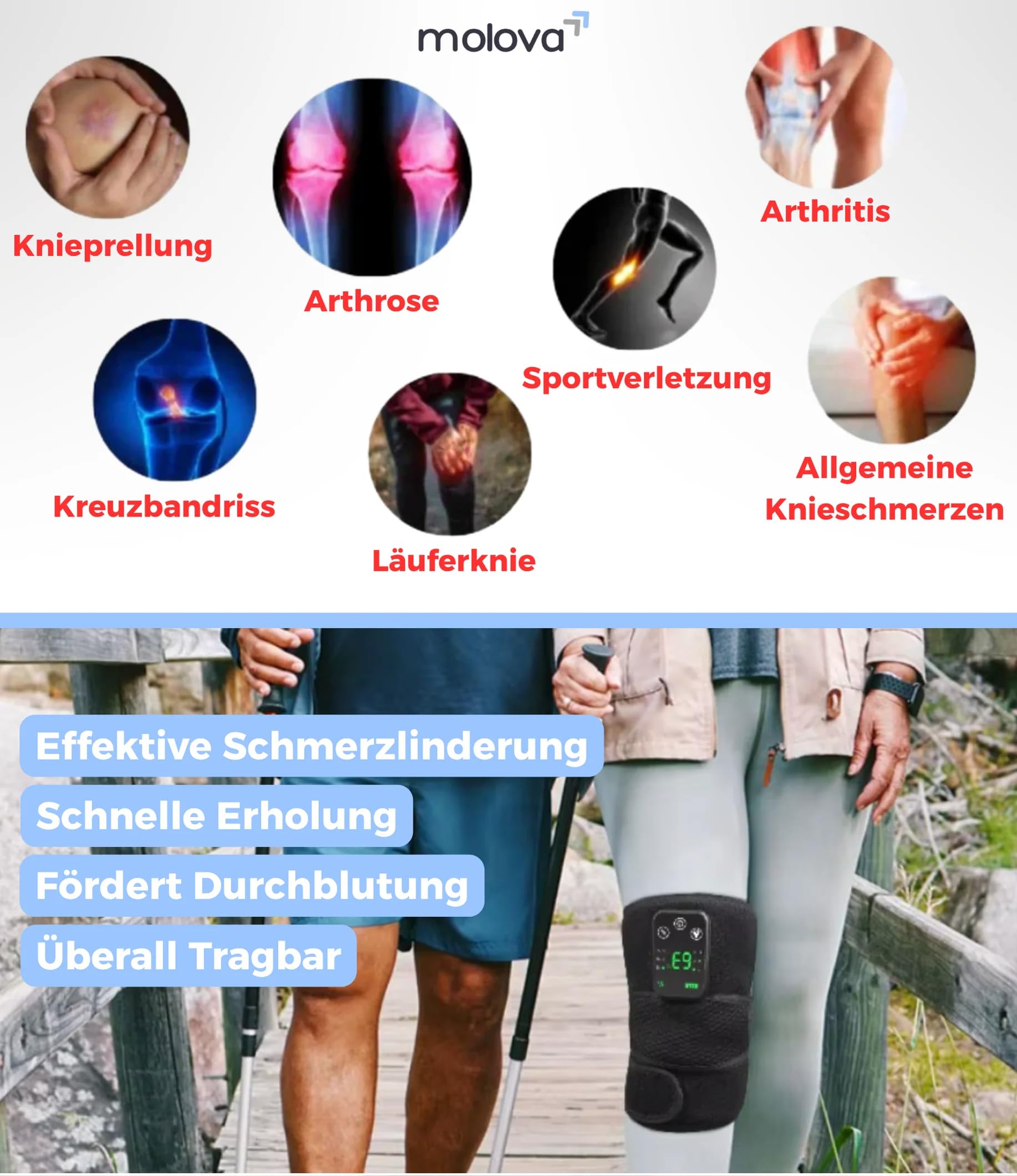 Molova MediWave Beheiztes Kniemassagegerät mit Vibration – Kniebandage für Entspannung und Schmerzlinderung, 3 Heizmodi für Knie, Ellenbogen und Schulter.