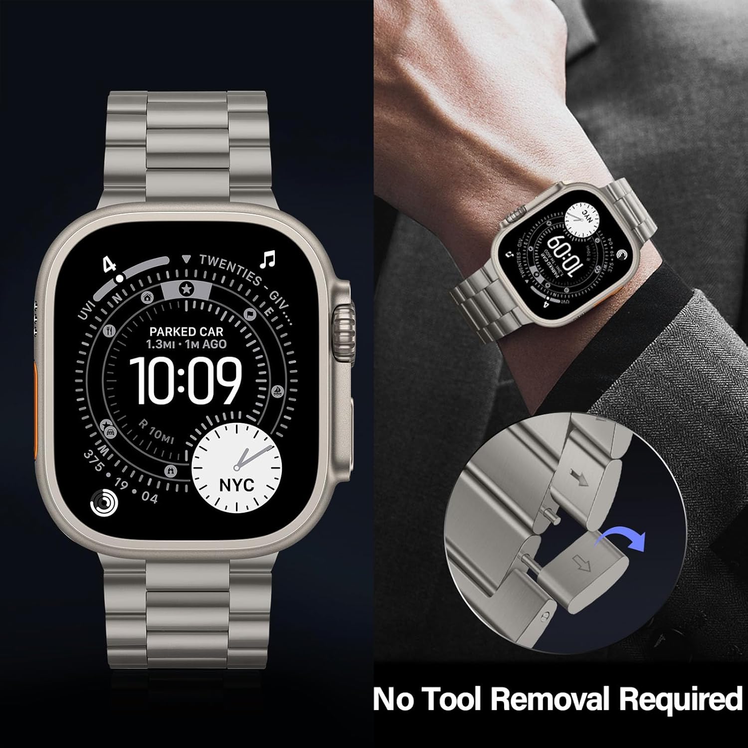 No Tool Needed Bands Compatible with Apple Watch Band 49mm 46mm 45mm 44mm 42mm for Men Women, Detachable Metal Strap for iWatch Ultra 3/2/1 Series 11 10 9 8 7 6-1, SE (Titanium)