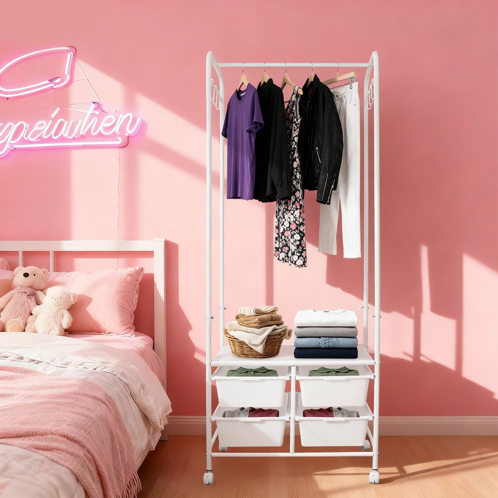 Garderobenständer, Rollbarer Kleiderständer Metall Kleiderbügel mit 4 Aufbewahrungsboxen & 8 Haken Kleiderhalterungsständer Garderobe für Schlafzimmern, Waschküchen 63x37x160 cm