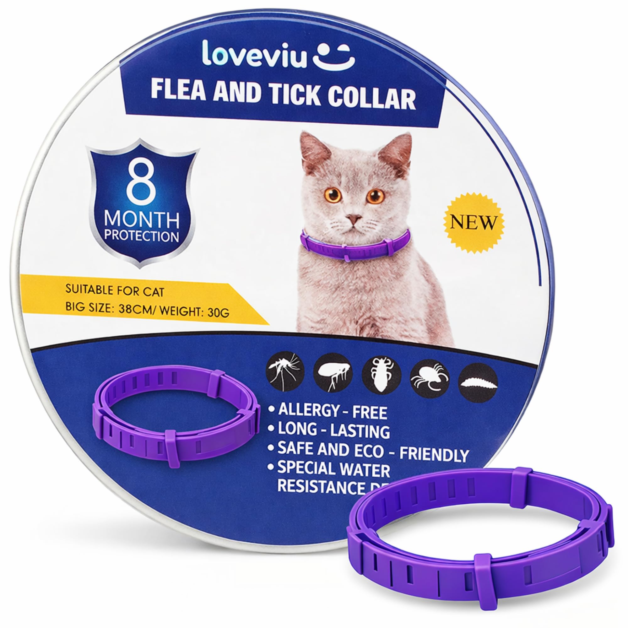 Collar Antiparasitario Gatos - 100% Natural – Protección 8 Meses contra Pulgas, Garrapatas, Mosquitos & Piojos – 38 cm, Impermeable y Ajustable, Uso al Aire Libre (Morado)