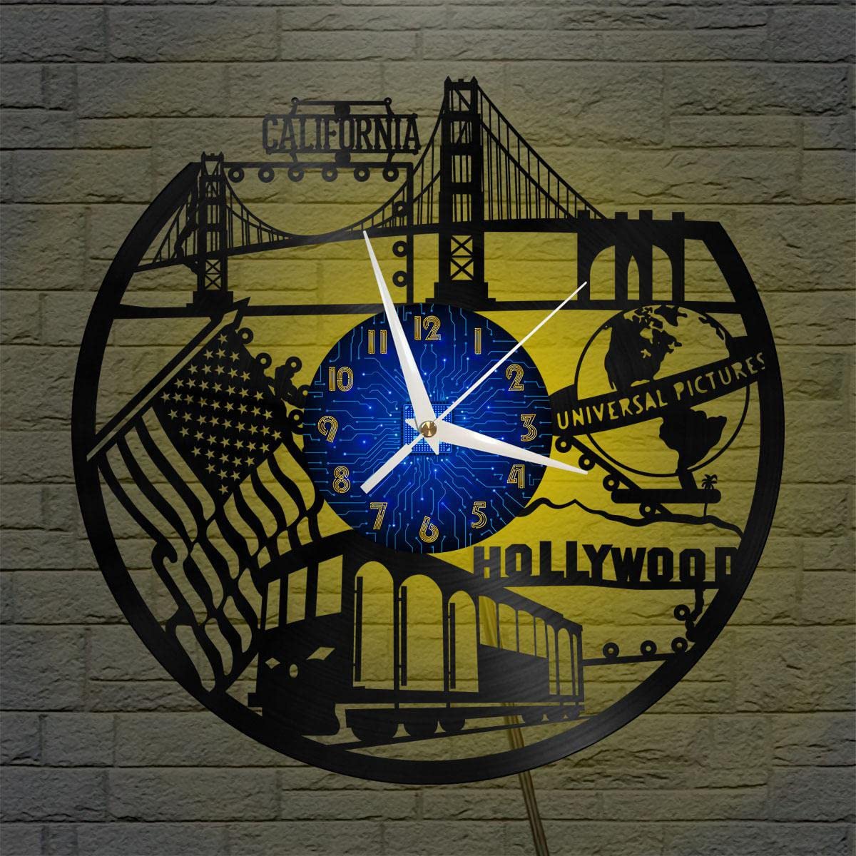 Horloge murale en vinyle silencieuse et lumineuse LED, disque noir 12 pouces Hollywood XDG