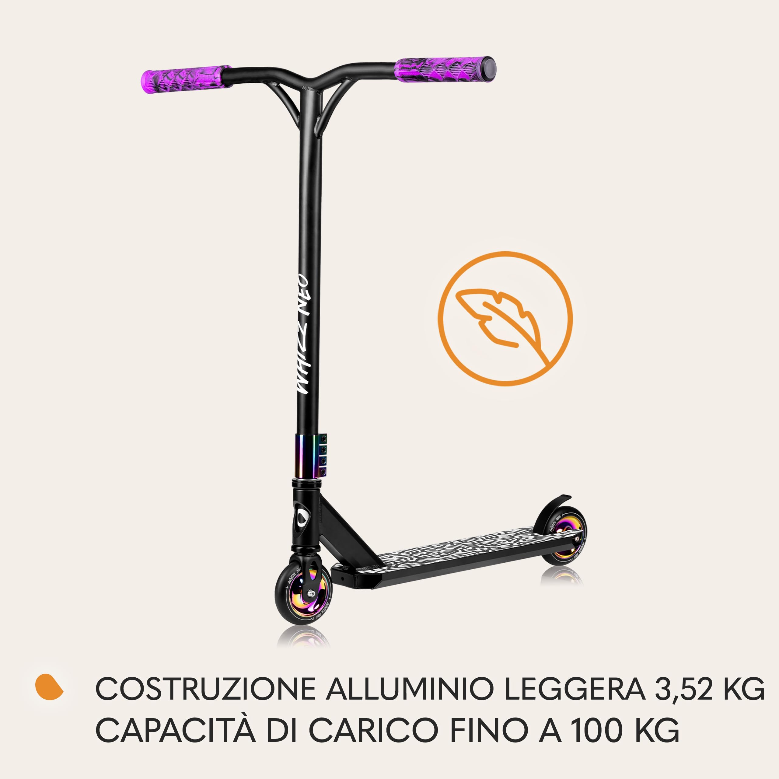 LIONELO Whizz Monopattino Stunt Scooter Freestyle, Cuscinetti ABEC-9 Deck in Alluminio Sistema di Compressione HIC Ruote da 110 mm Manubrio a T Largo, Freno Flex Fender MN Steel, Design Unico (Neon)