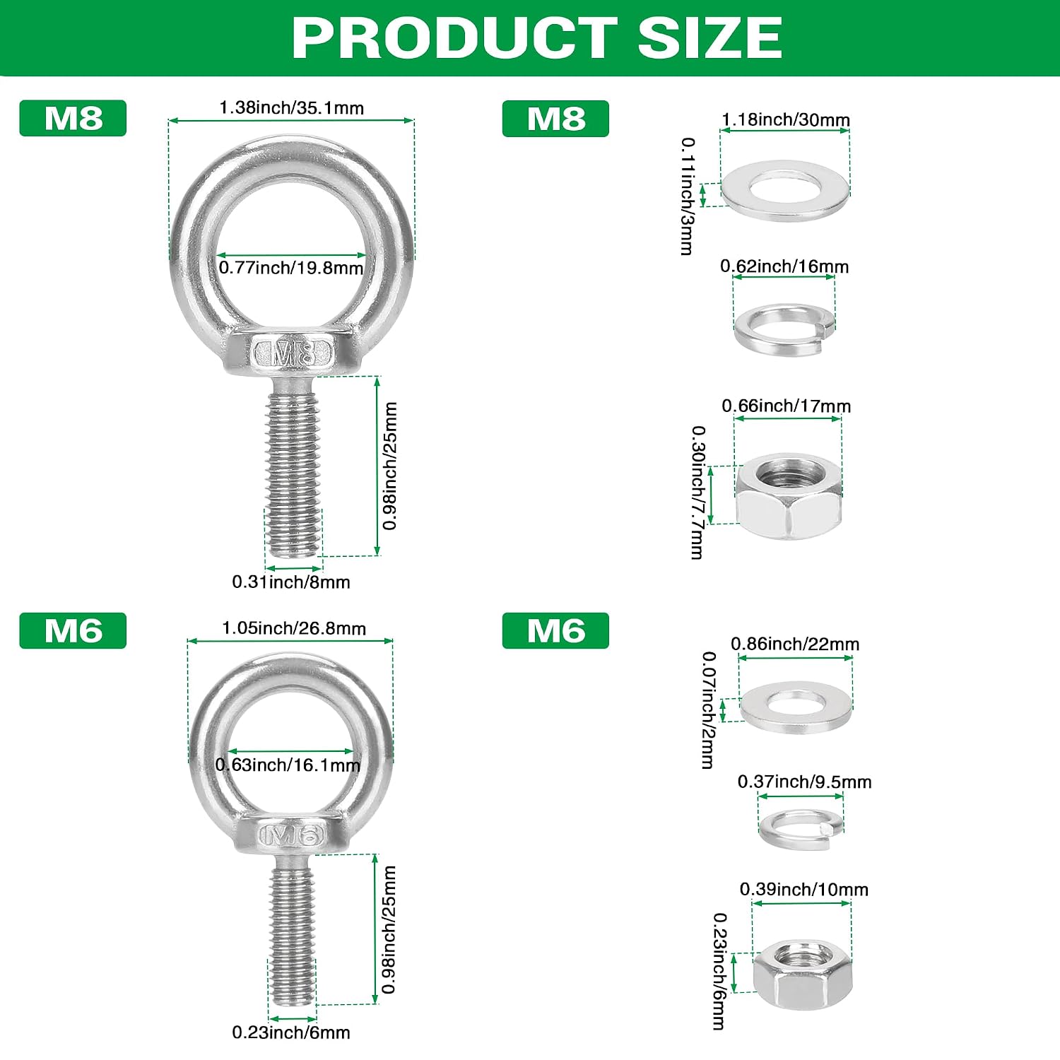 4 Pack Eye Bolts with Nuts Washers,Threaded Eyebolts,Marine Grade Shoulder Eye Bolt,Eyebolts for DIY, Furniture,Swing, and Outdoor Use (M6 x 25mm+M8 x 25mm)