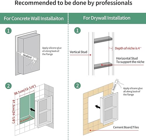 Miniatura 6 de DAYONE Nicho de ducha de acero inoxidable de 12 x 24 pulgadas, no necesita azulejos, nicho de pared rectangular de baño de níquel cepillado,
