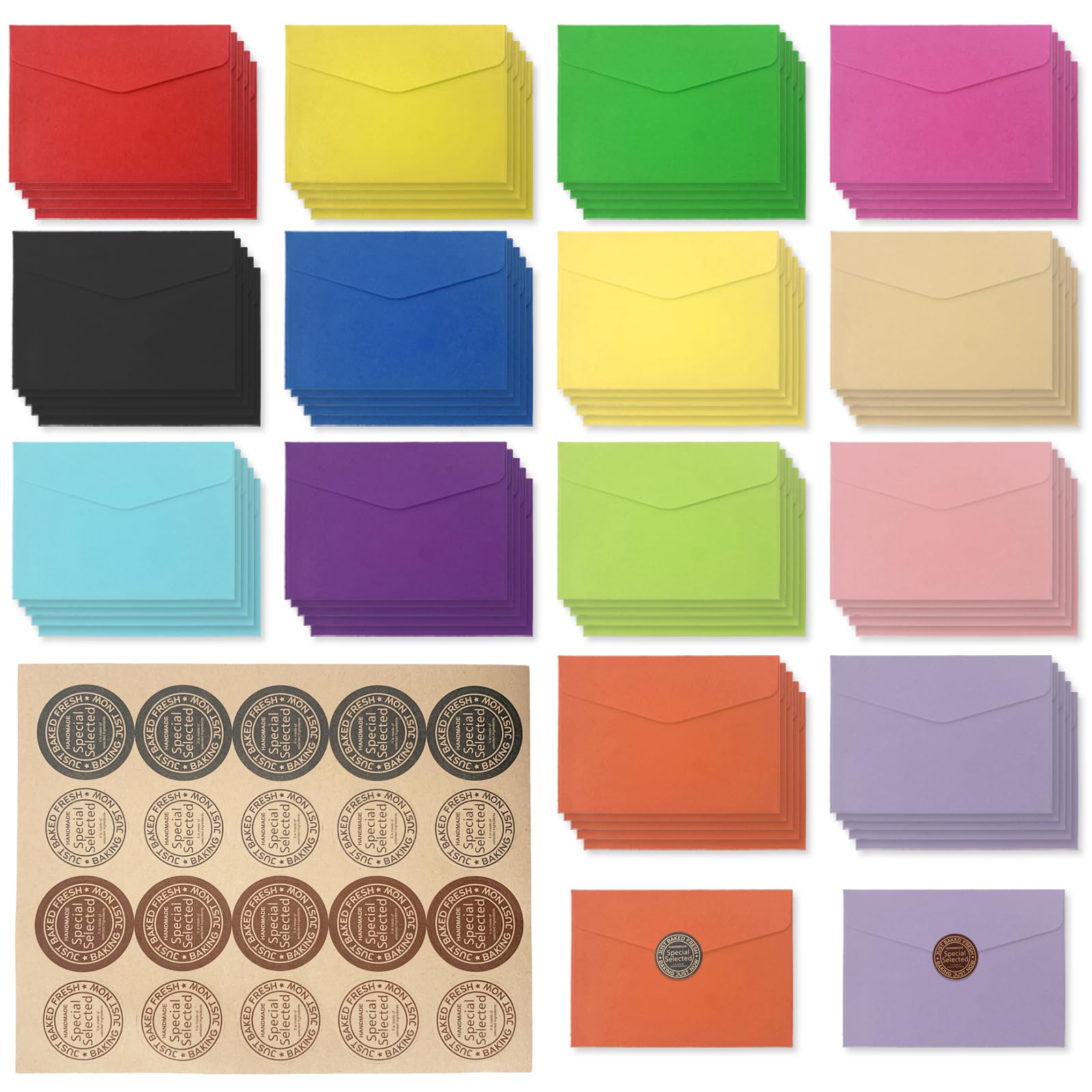 Kleurrijke enveloppen, mini-enveloppen, enveloppen voor wenskaarten, kleine enveloppen, kleurrijke enveloppen, geschikt voor bruiloften, verjaardagen, 50 stuks (5 kleuren), met 50 witte kaarten