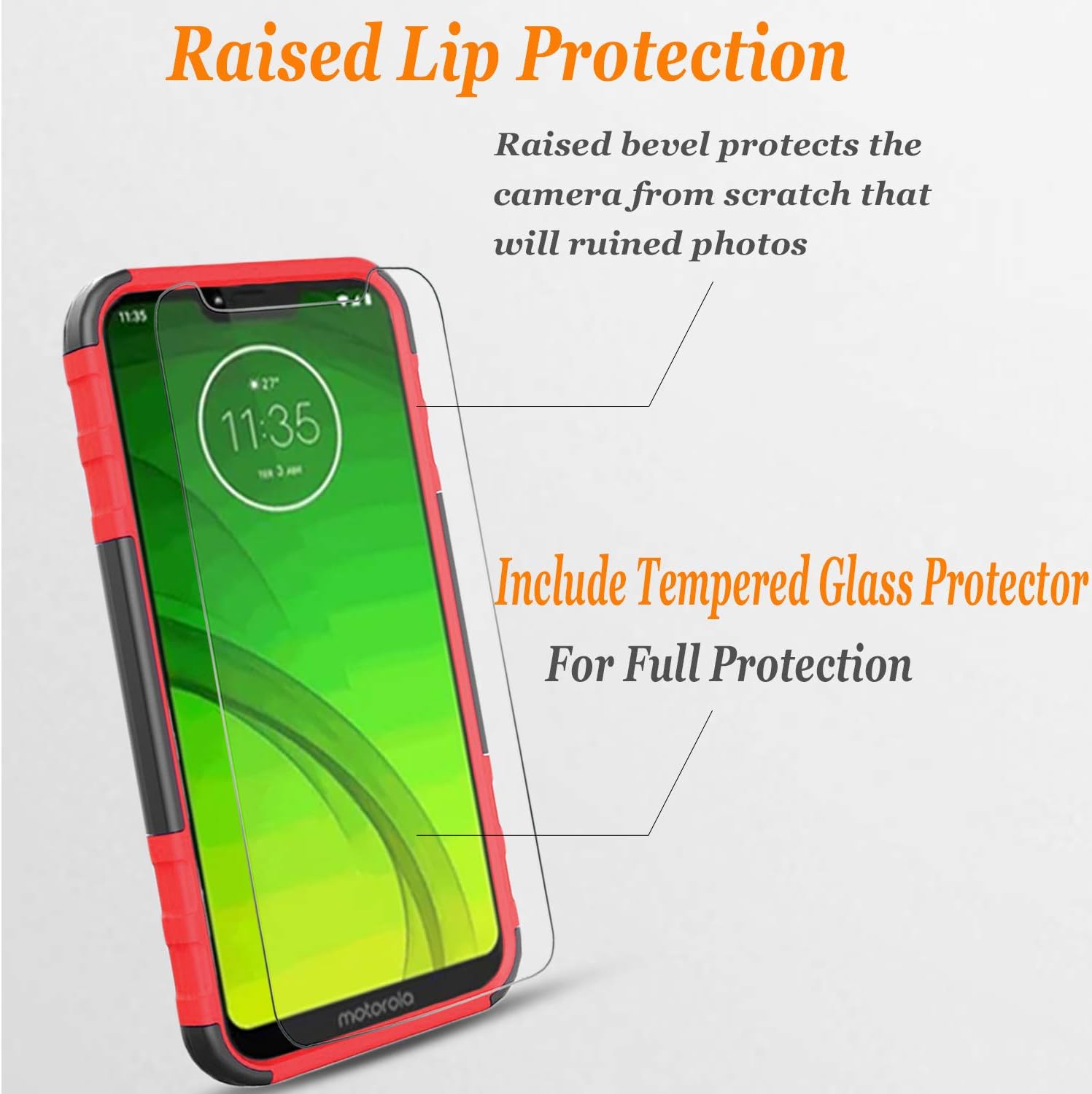Circlemalls Compatible For T-Mobile Revvlry Case, Moto G7 Play / Optimo XT1952DL Case, With [Tempered Glass Screen Protector Included], Armor Heavy Duty Kickstand Cover With Belt Clip Holster - Red