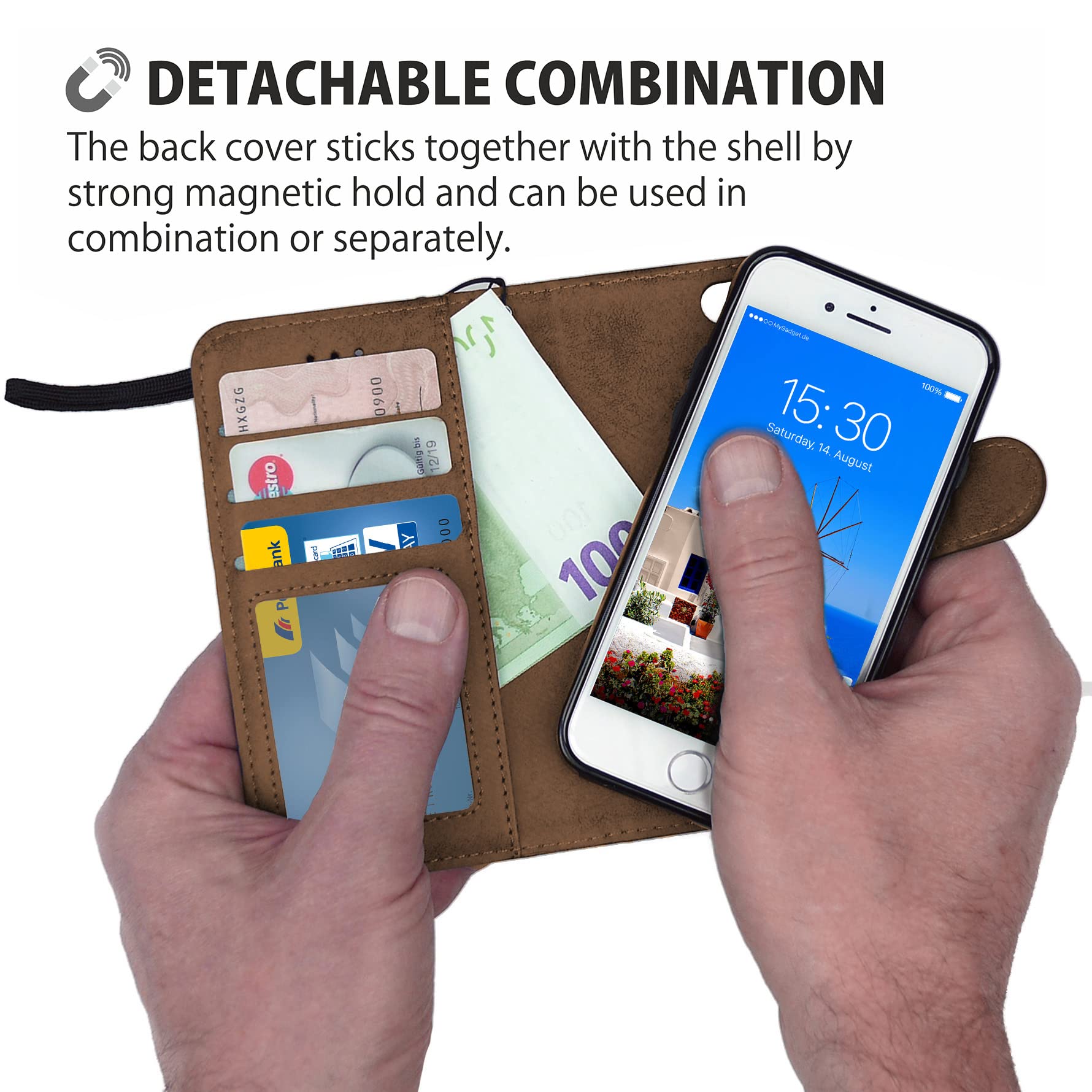 MyGadget Flip Case For IPhone SE 2022 | 2020 | 7 | 8 - [ Magnetic Flip Case ] - Synthetic Leather Book Cover [ Detachable Wallet Case] - Light Blue Stand - View #3