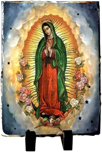 Virgen de Guadalupe Placa de Pizarra Piedra Hecha a Mano Incluye Caballete