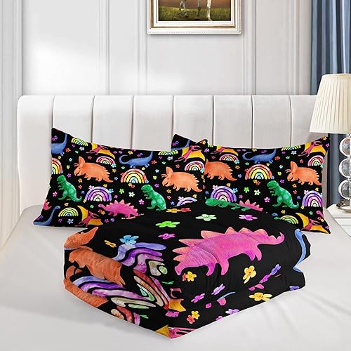 Miniatura 4 de Juego de edredón de dinosaurio arcoíris para niños, colorido juego de ropa de cama para niños, edredón de dinosaurio de dibujos animados con flores