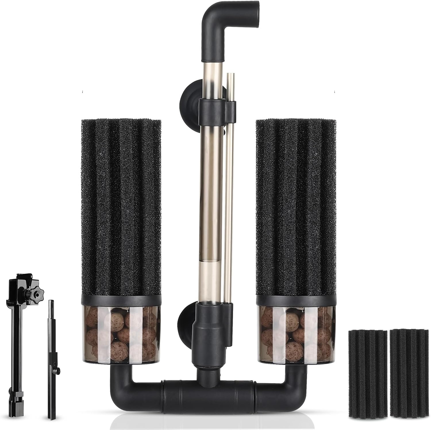 hygger Aquarium Double Sponge Filter: Upgraded Sponge Filter with Larger Filtration Area, Come with Extendable Clip, 2 Spare Biochemical Sponges, Bioceramic Balls, for Freshwater Saltwater Tank - S