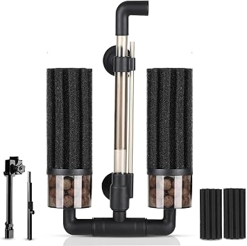 hygger Aquarium Double Sponge Filter Upgraded Sponge Filter with Larger Filtration Area, Come with Extendable Clip, 2 Spare Biochemical Sponges, Bioceramic Balls, for Freshwater Saltwater Tank - S