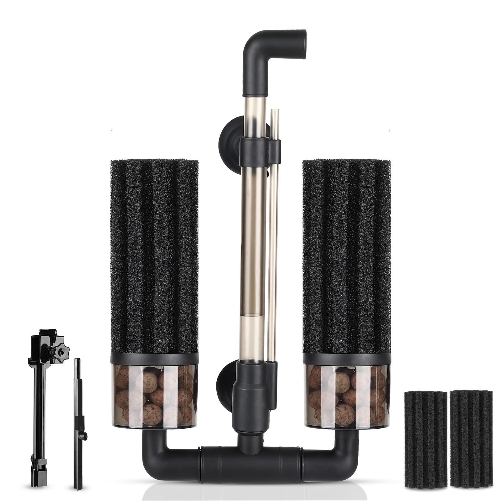 hygger Aquarium Double Sponge Filter: Upgraded Sponge Filter with Larger Filtration Area, Come with Extendable Clip, 2 Spare Biochemical Sponges, Bioceramic Balls, for Freshwater Saltwater Tank - S