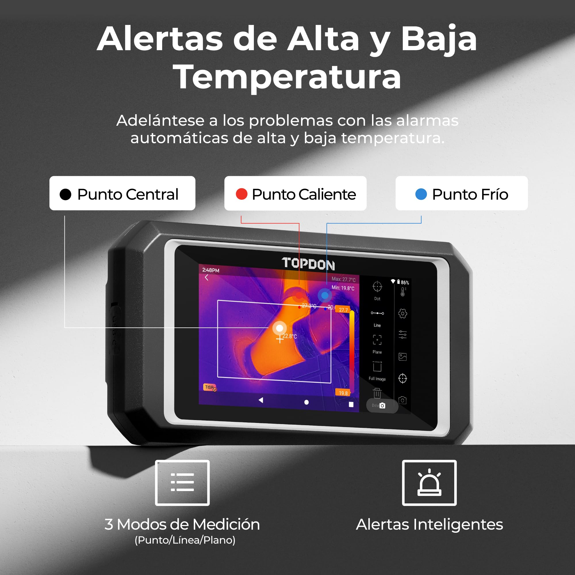 TOPDON TC003 Cámara Termográfica con Resolución TISR 512x384 y Cámara Visual de 5MP, 5" Pantalla Táctil Cámara Térmica, 32GB Almacenamiento, 25Hz, 40mk, -20°C ~550°C, Funciones WiFi, Bluetooth y OTG