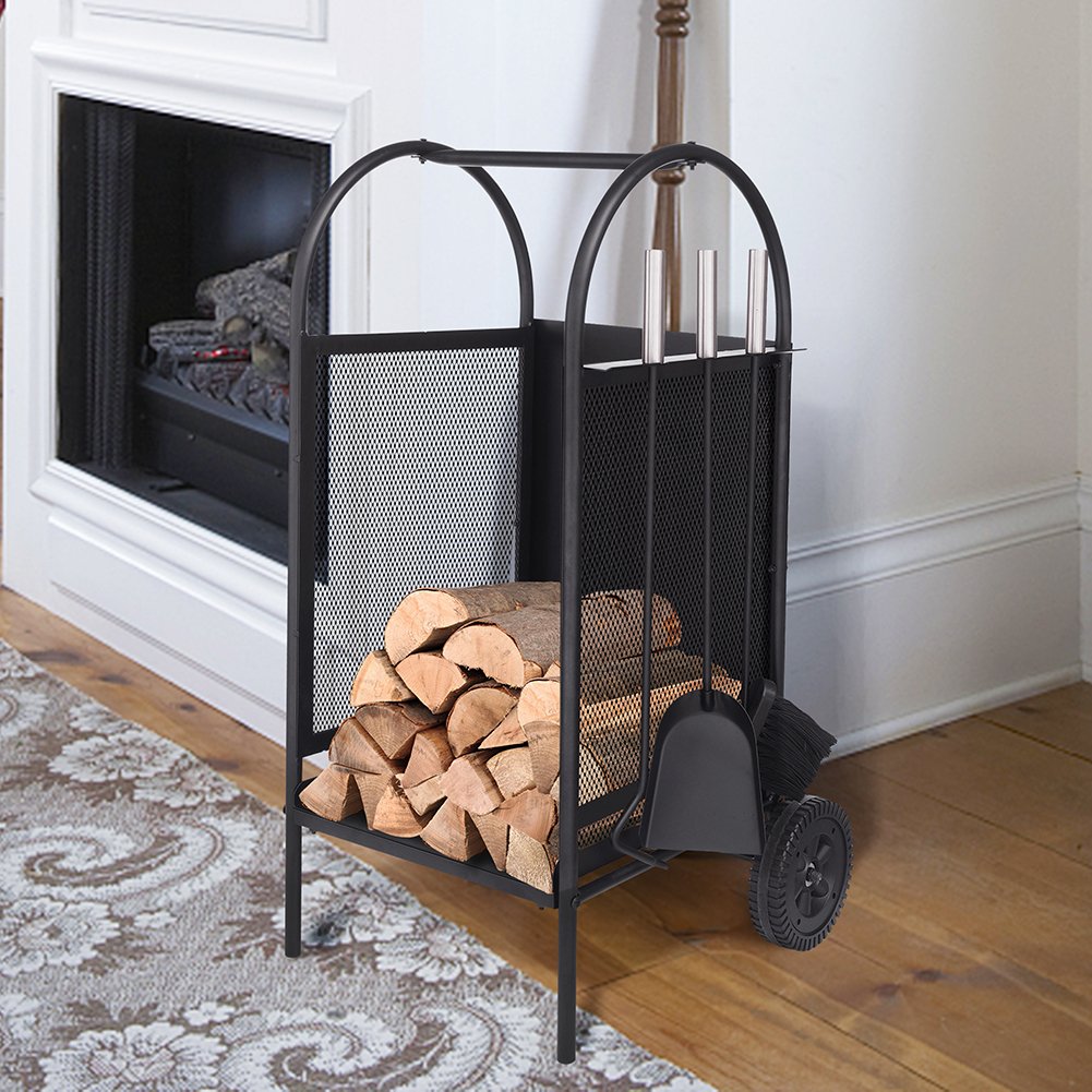 Carrello portalegna in legno camino con una pala, scopa e poker stufa ardere