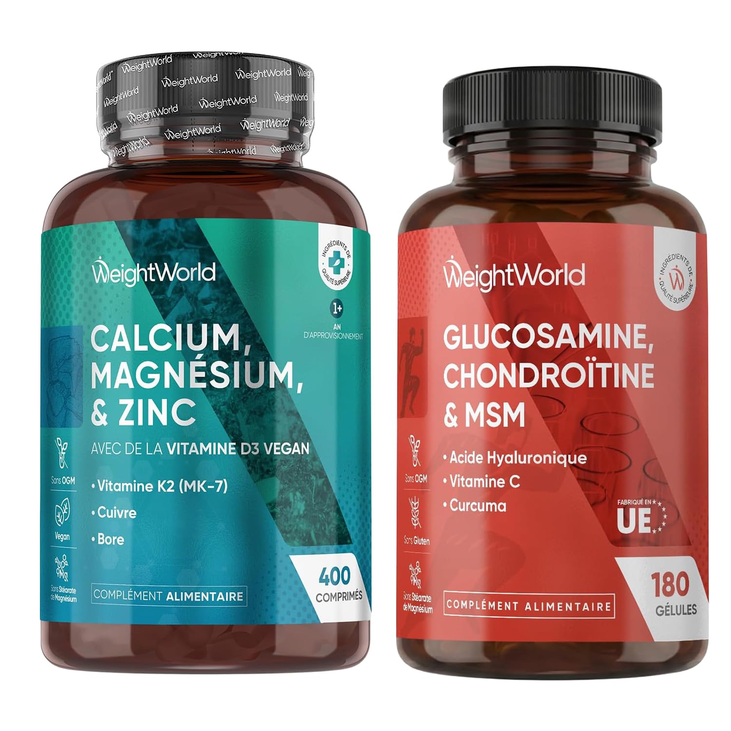 Duo Complémentaire - Calcium Magnésium Zinc Vitamine D3 K2 MK7 400 Comprimés (+ 1 An) - Glucosamine Chondroïtine MSM 180 Gélules, avec Curcuma, Acide Hyaluronique & Vitamine C Acide L Ascorbique