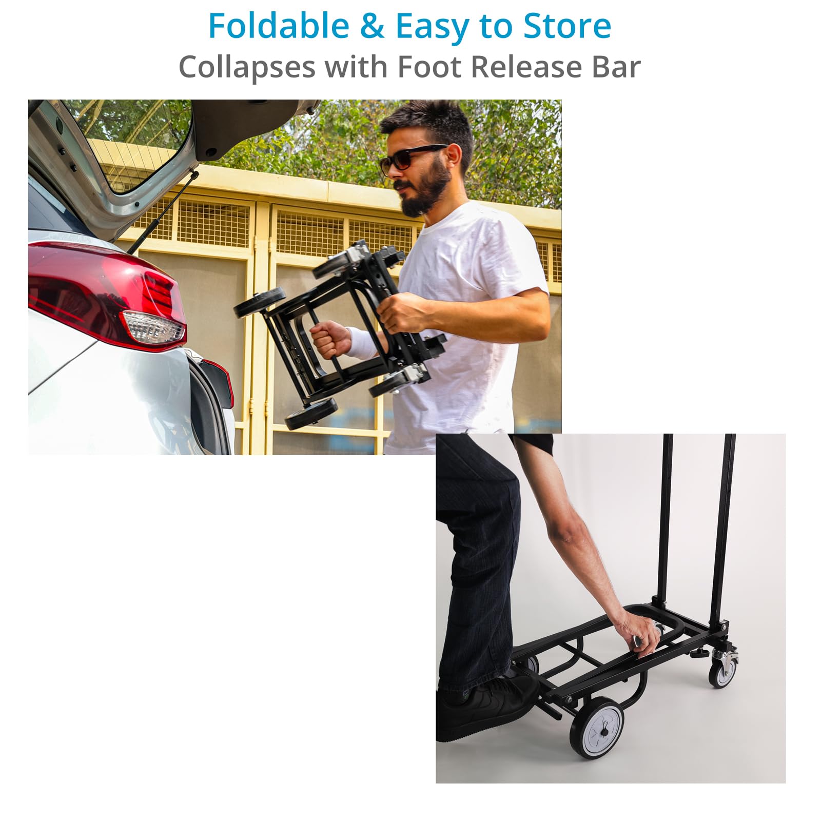 PROAIM Vanguard NANO składany wózek transportowy 8w1, udźwig 150 kg | Stalowy wózek z platformą 24–39″, koła 4″ skrętne i 6″ gumowe z hamulcami oraz składanym uchwytem.