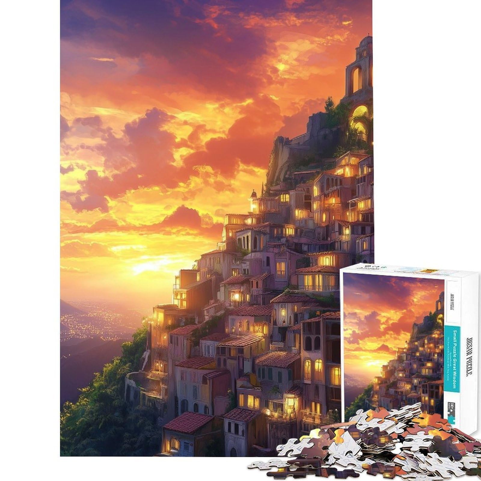 Teenager Jigsaw Puzzles 1000 Pieces Sunset Village on Cliffside Jigsaw Puzzle Hands-on Game Analysis And Logic Gifts for Friends And Family (Size 75x50cm)