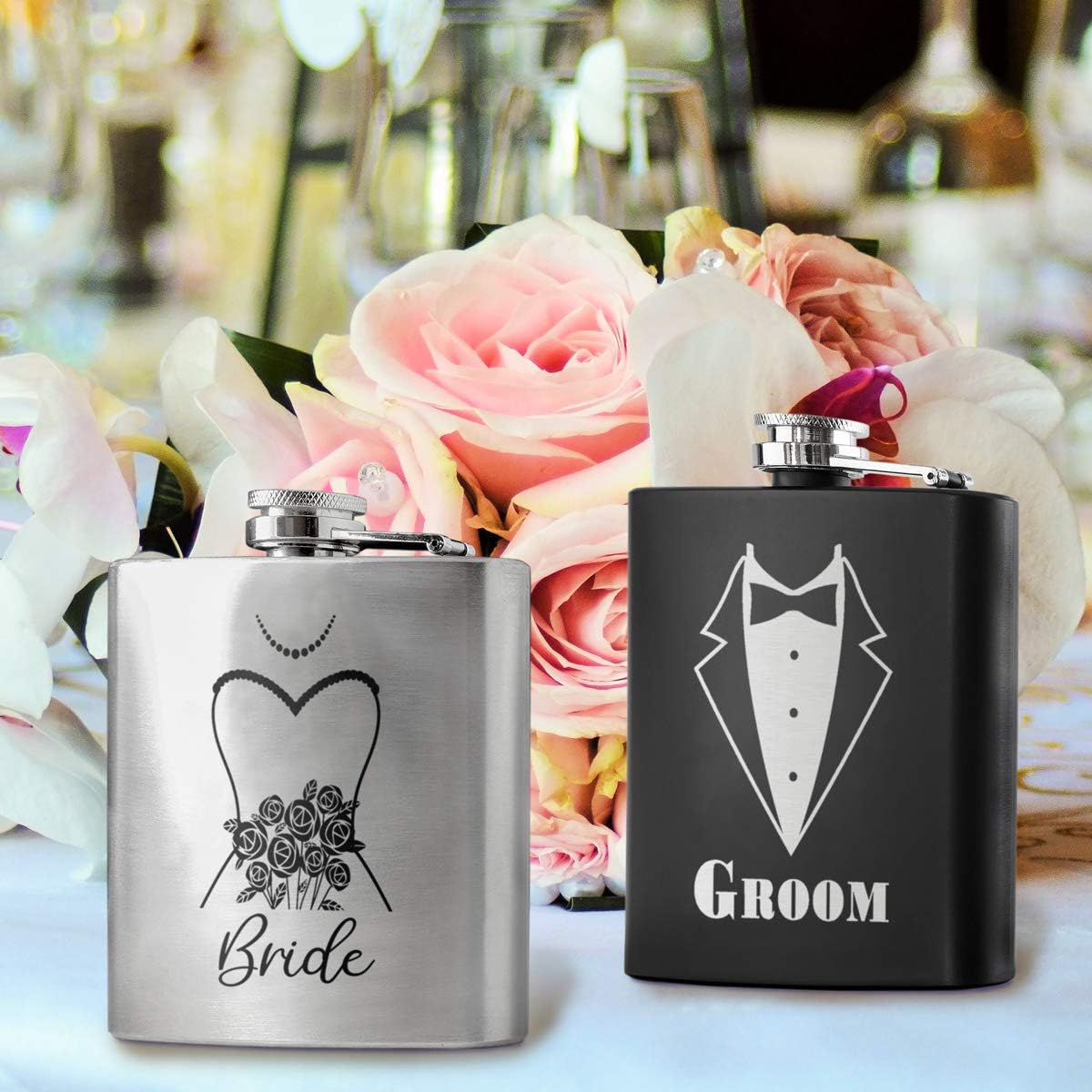 Stainless Steel 6 oz Groom and Bride Flask Set | Black with Silver Engraving & Silver with Black Engraving | Weddings, Gifts, Celebrations