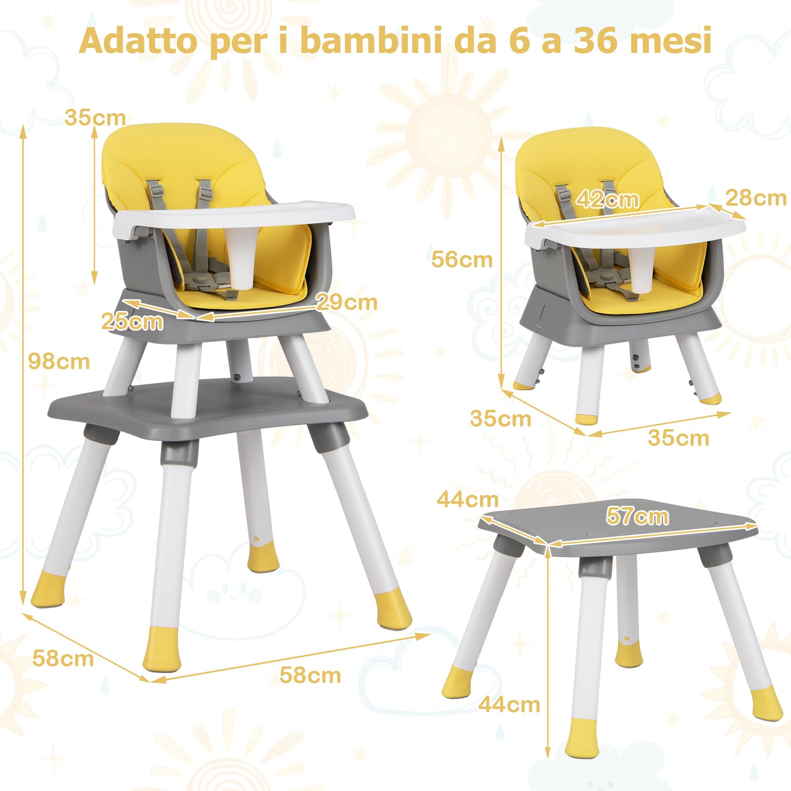 RELAX4LIFE 6 en 1 Trona Bebé con Arnes de 5 Puntos y Cojín Desmontables, Tronas de Bebe Portátil con Bandeja Ajustable y Extraíble, Mesa y Silla Infantil para Niños 6+ Meses, Carga 25kg (Amarillo)