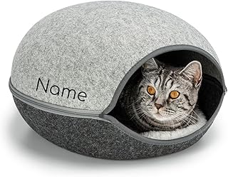 lionto Cat Cave Made of Robust Felt, Cosy Cuddly Cave with Zip for Cats, 46 x 38 x 24 cm, Comfortable and Modern Cat Bed with Soft and Washable Cushion, Grey (Name Print) product image
