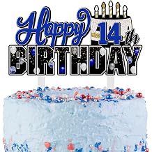 LINGTEER Happy 14th Birthday Blue Acrylic Cake Topper,Blue Theme Birthday Cheers to Forteen Years Old Party Cake Decorations Gift Sign.