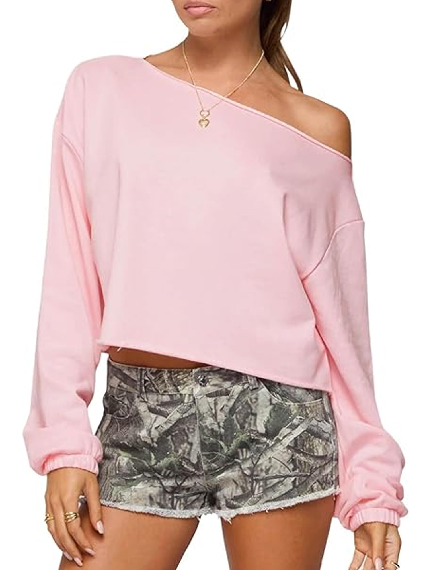 GXNRHG Las Mujeres Y2k de Gran tamaño Fuera del Hombro Crop Tops Casual Suelto Manga Larga Salir Jersey Sudadera Ropa Estética