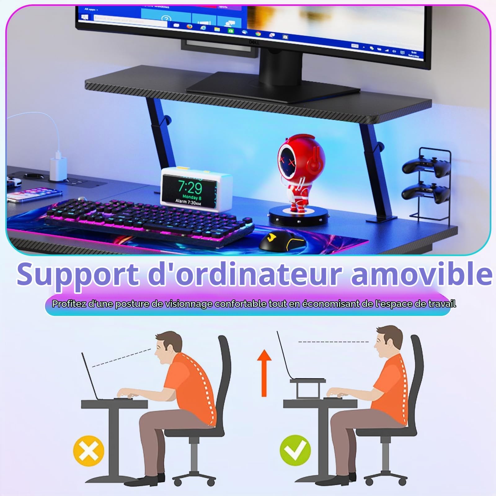 Bureau Gaming LED 100x80 cm, Table Gamer avec Rangement, 2 Prises Electriques et 2 Ports USB