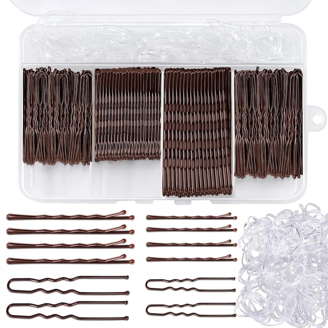 1 set di 300 forcine per capelli e elastici, color marrone, con scatola portaoggetti
