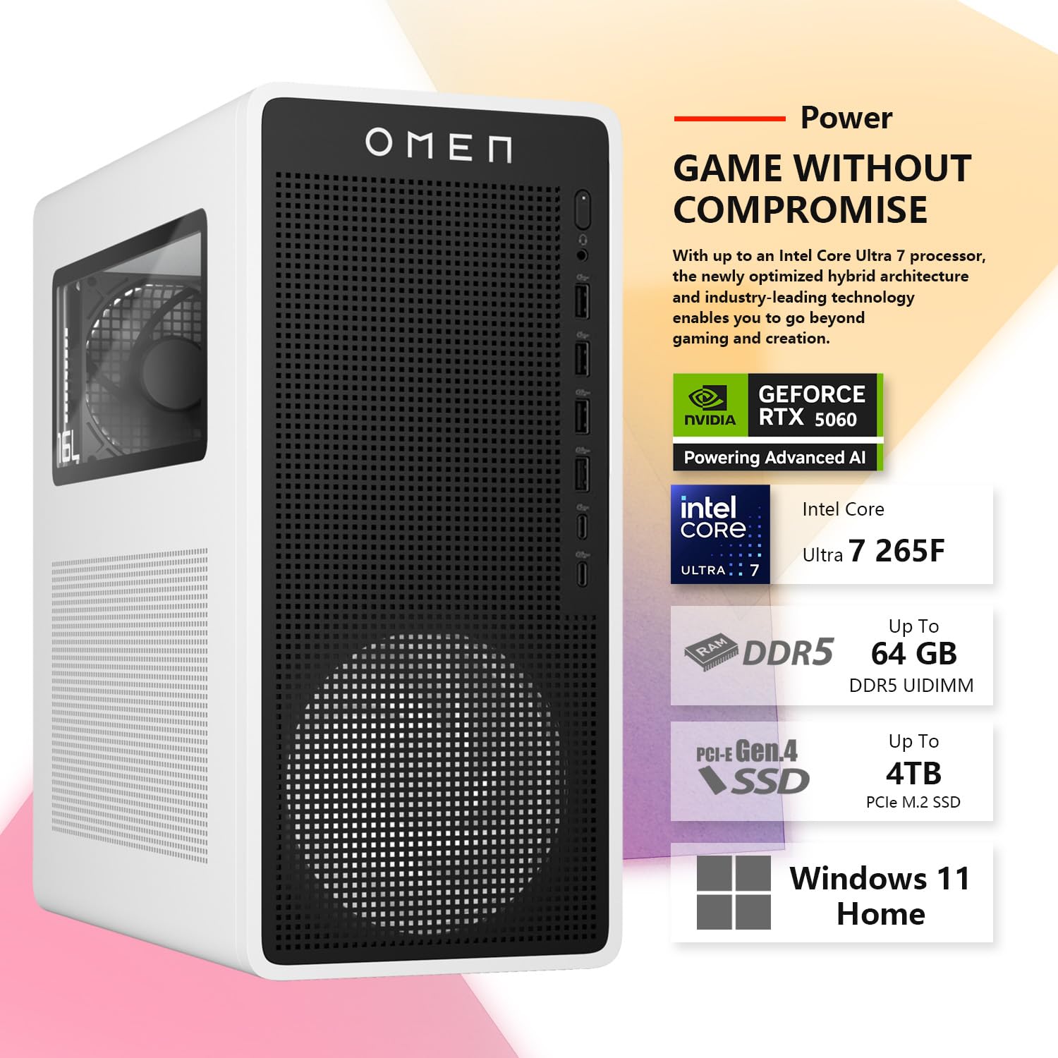 HP Omen 16L TG03 Gaming Desktop PC, Intel Ultra 7 265F, RTX 5060 GPU, 32GB DDR5 RAM, 1TB NVMe SSD, OMEN Hub, Thunderobot Gaming Keyboard Bundle, Black