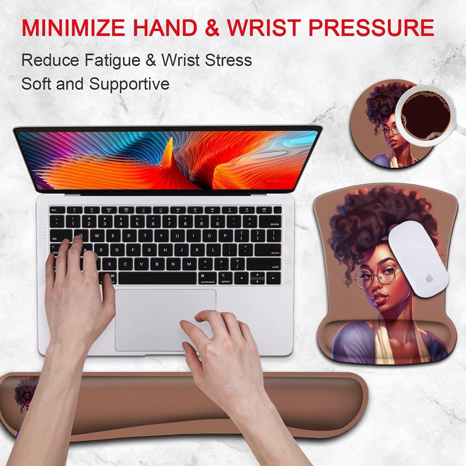 Ergonomic Mouse Pad Wrist Support Gel and Keyboard Wrist Rest Set American Women African Black Design for Laptop, Mac, Gaming and Office, Durable, Comfortable and Pain Relief + Coaster