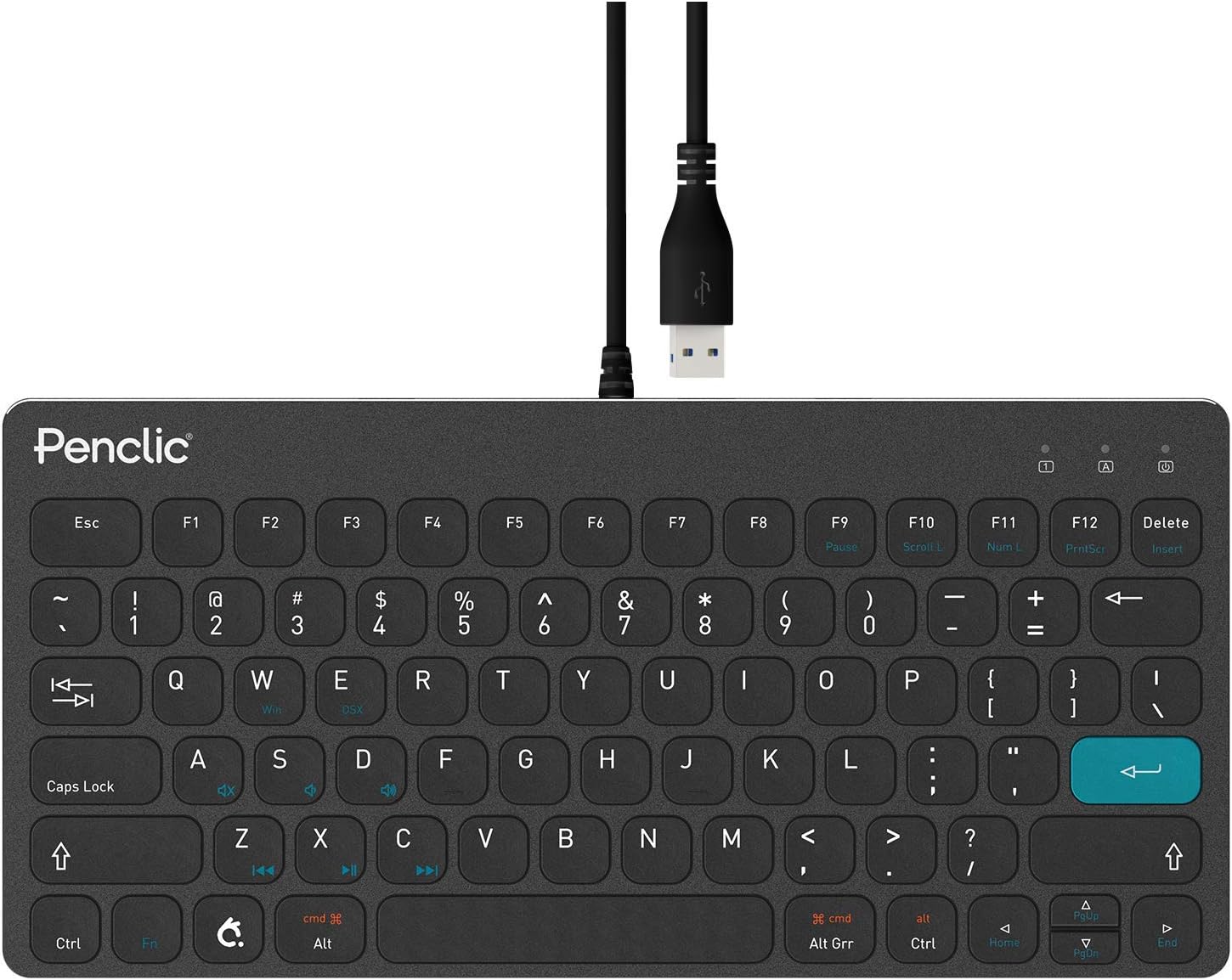 Penclic C3 Pro Ergonomic USB Wired Keyboard in Brushed Aluminum – Integrated 3-Port USB Hub, Compact Size and Low Profile with Full-Size Keys, Compatible with PC and Mac.