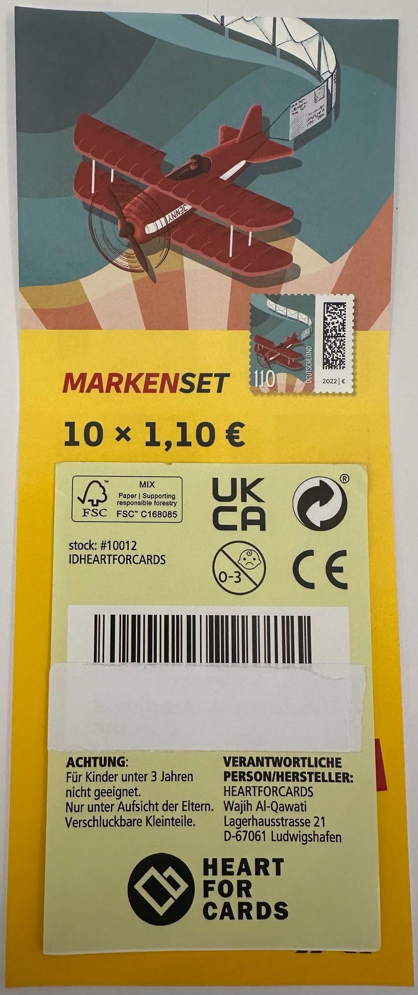 10 Stück 1,10 EUR postfrische Selbstklebende Briefmarken | Frankaturware Markenset Zufällig ausgewähltes Motiv + Heartforcards® Versandschutz