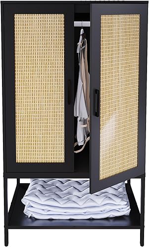 BOCVKENN Armario de ropero, Armario de ratán para dormitorio con 2 puertas, armario de madera con estantes y barra para colgar ropa, negro